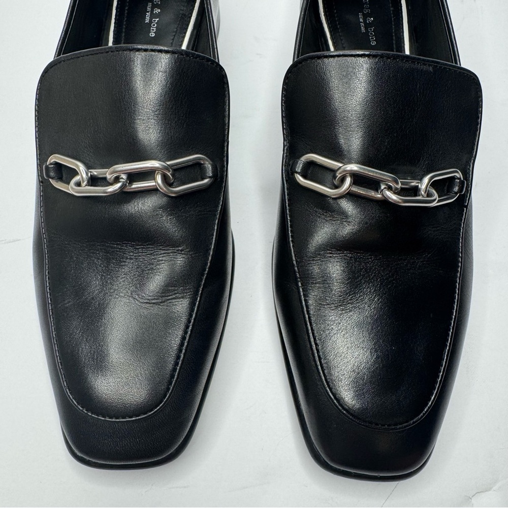 RAG & BONE Aslen Black Leather Loafer With Silver Chain Detail Square Toe Sz 40 - Picture 10 of 16